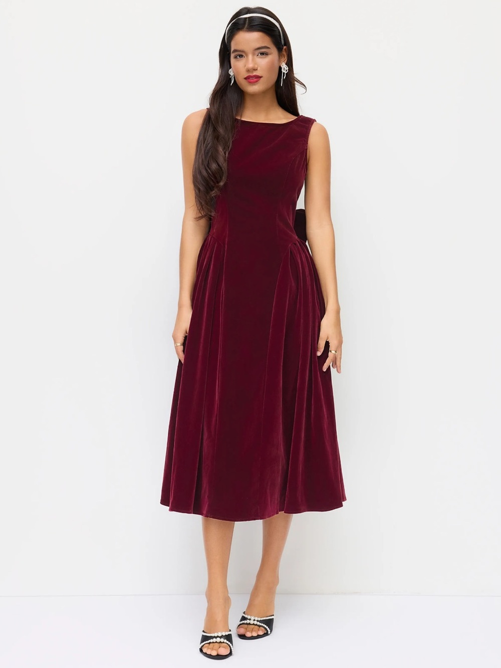 NWT CIDER VELVET BOAT NECK BOWKNOT BACKLESS MIDI DRESS